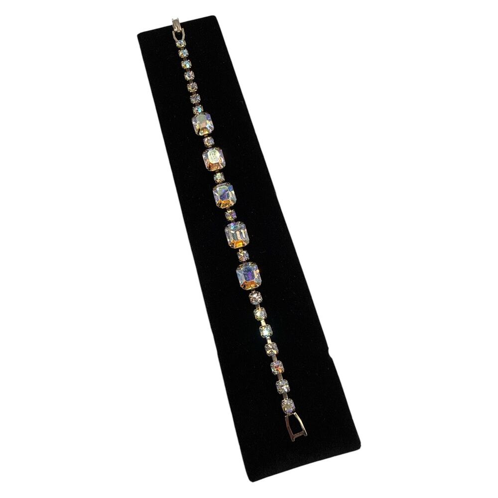 Vintage WEISS Aurora Borealis Emerald Cut Crystal Tennis Bracelet Size 7